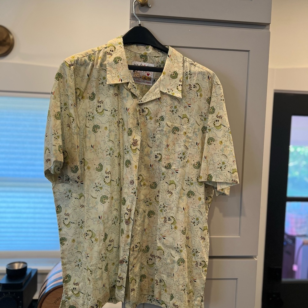 Naked & Famous Denim Cream and Green Casual Button Down Shirt
